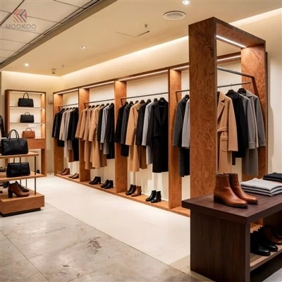 Špičkový MOOKOO Kovový stojan na oblečení na míru LED osvětlení Vzor rybí kosti Butik Maloobchodní prodejna Nábytek Moderní