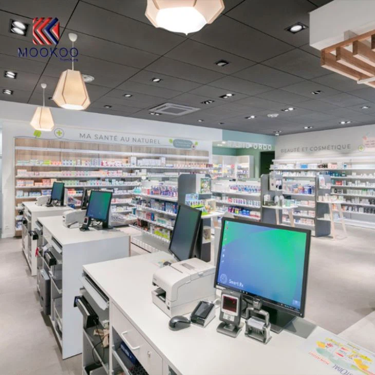 Customized MDF Wood Pharmacy Shop Display Furniture