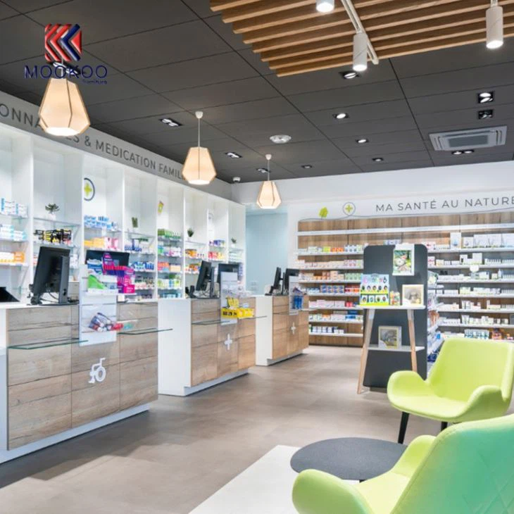 Customized MDF Wood Pharmacy Shop Display Furniture