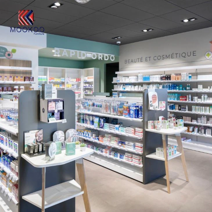 Customized MDF Wood Pharmacy Shop Display Furniture